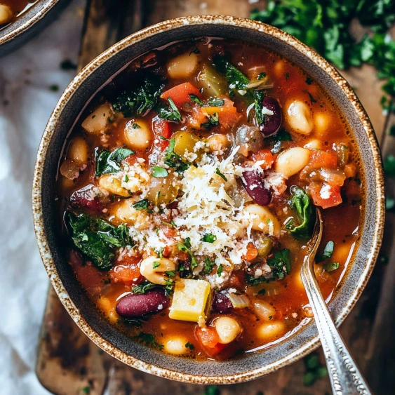 A bowl of soup with vegetables and cheese.