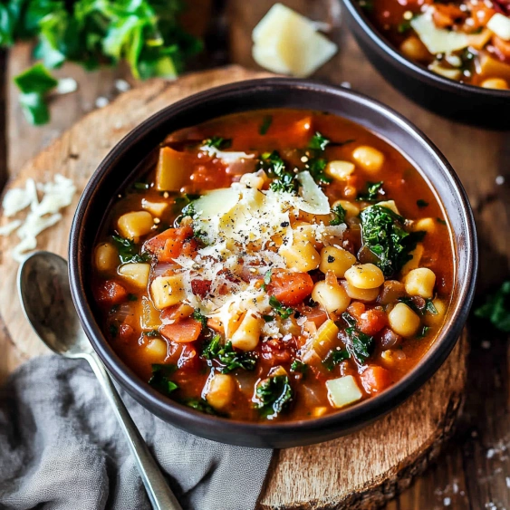 A bowl of soup with cheese and broccoli.