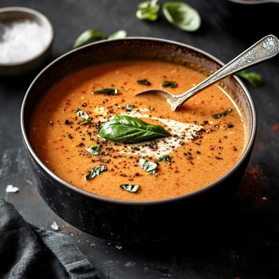 A bowl of soup with a spoon in it.