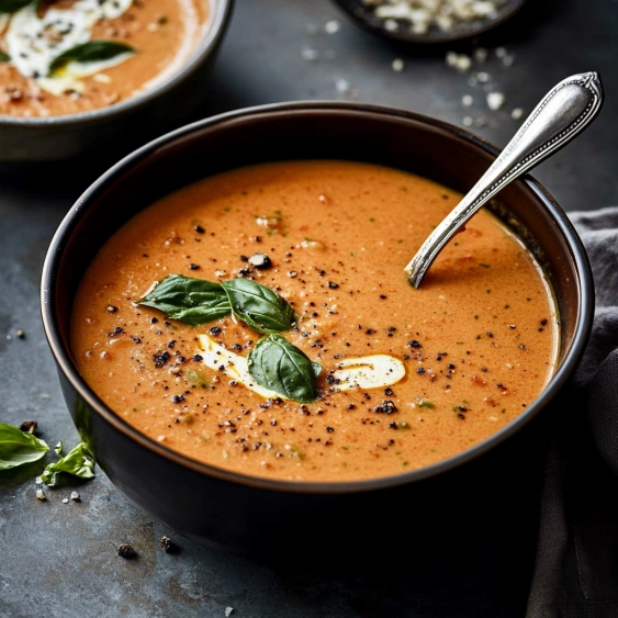 A bowl of soup with a spoon in it.