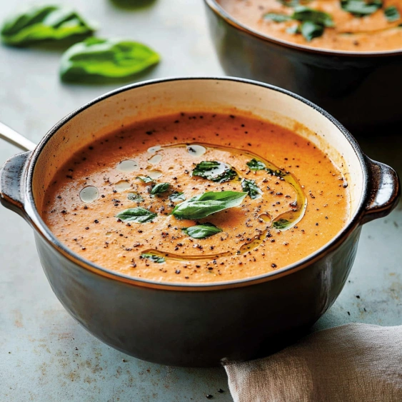 A bowl of soup with green leaves on top.