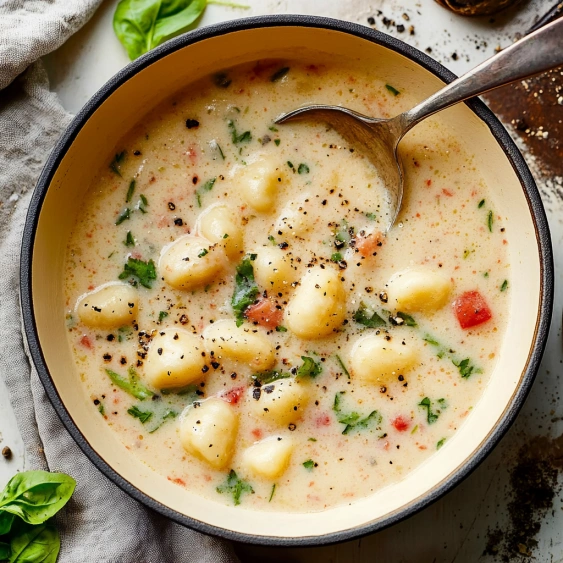 A bowl of soup with a spoon in it.