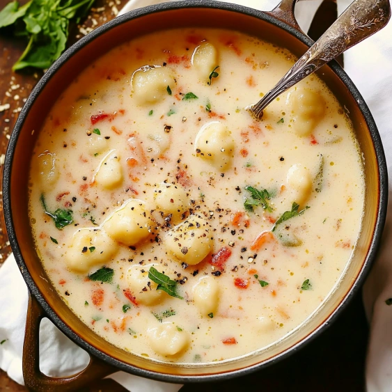 A bowl of soup with a spoon in it.