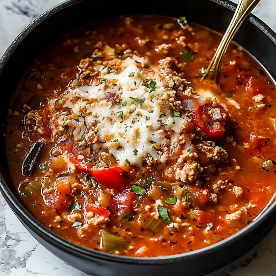 A bowl of soup with meat and vegetables.