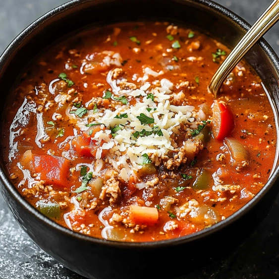 A bowl of soup with meat and vegetables.