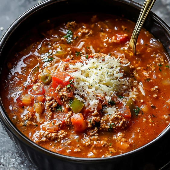 A bowl of soup with meat and vegetables.