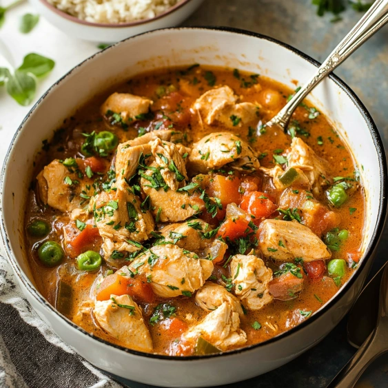 A bowl of soup with chicken and vegetables.