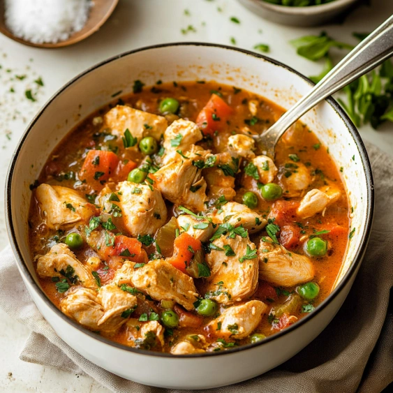 A bowl of soup with chicken, peas, and tomatoes.