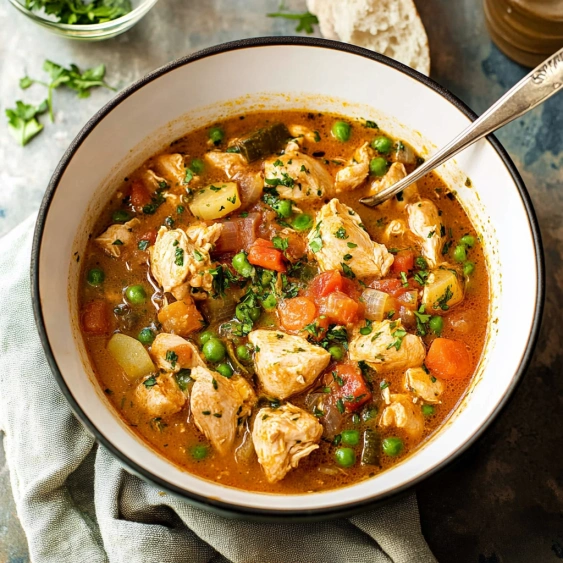 A bowl of soup with chicken, peas, and tomatoes.