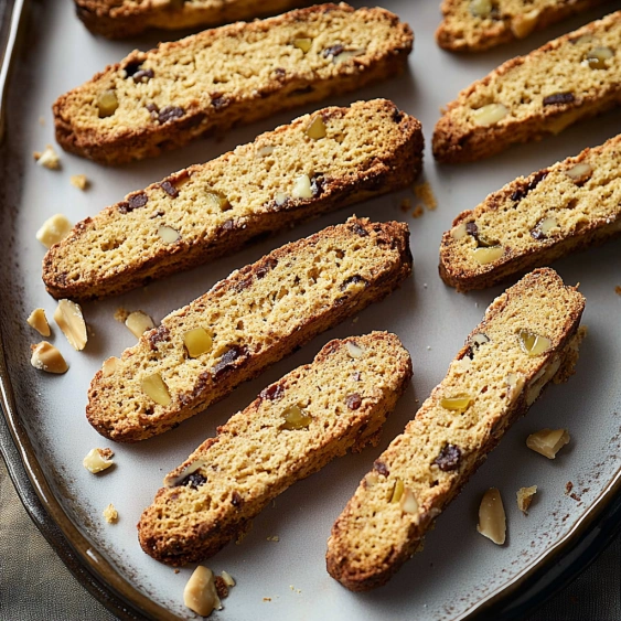 A pan of breadsticks with nuts on top.