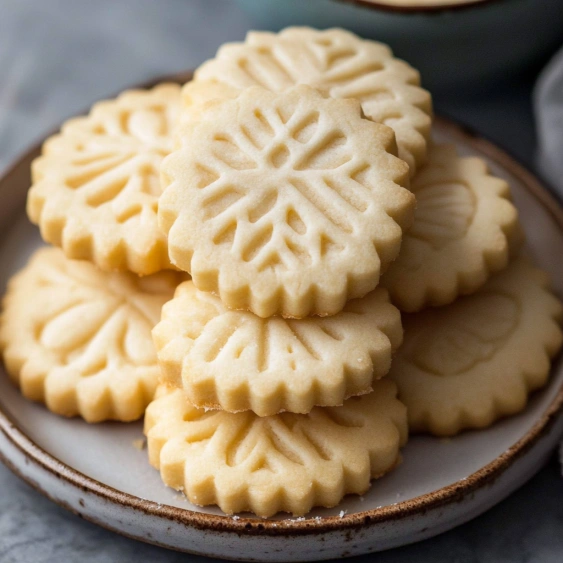 A plate of cookies with a snowflake design.