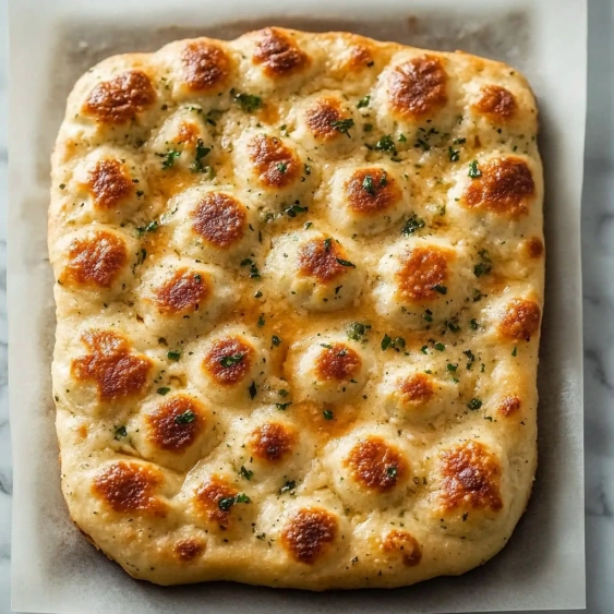 A square of bread with green herbs on top.