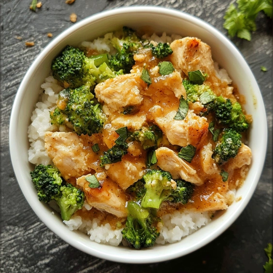 A bowl of rice with chicken and broccoli.