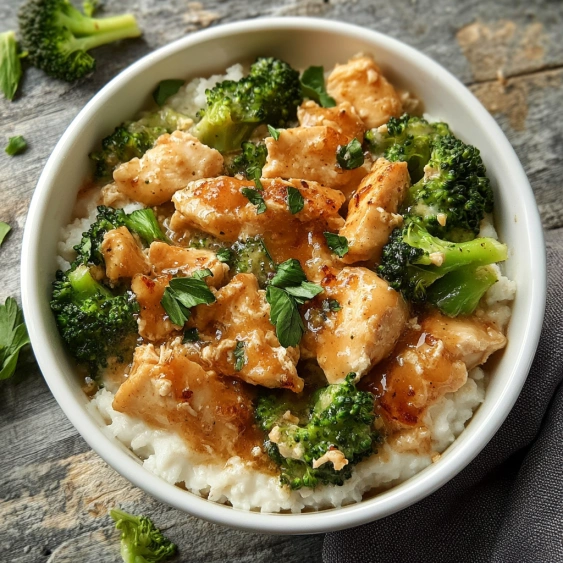 A bowl of chicken and broccoli.