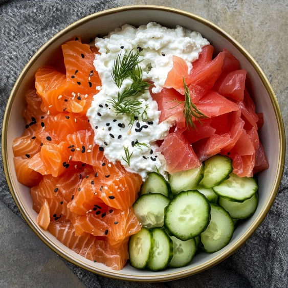 A bowl of food with cucumbers, salmon, and white sauce.