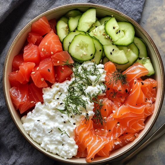 A bowl of food with salmon, cucumbers, and cream cheese.