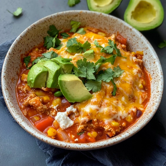 A bowl of food with a green vegetable on top.