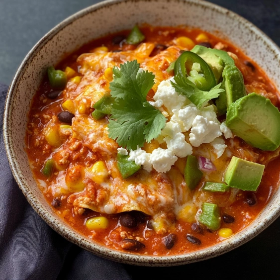 A bowl of soup with a white topping.