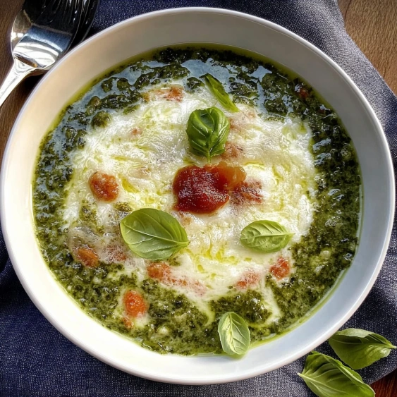 A bowl of soup with green vegetables.