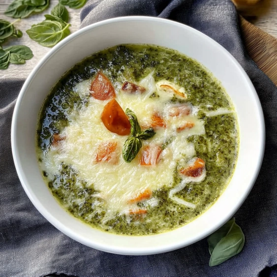 A bowl of soup with a green vegetable on top.