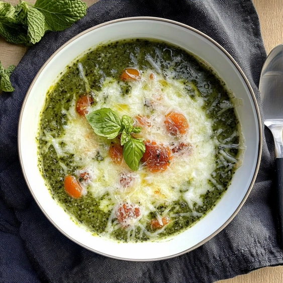 A bowl of soup with tomatoes and cheese.