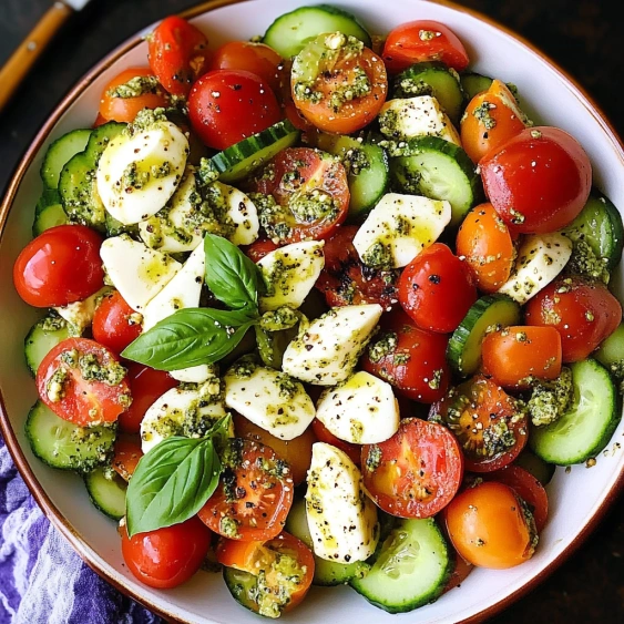 A bowl of vegetables including tomatoes, cucumbers, and cheese.