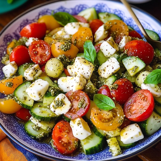 A bowl of vegetables including tomatoes, cucumbers, and cheese.