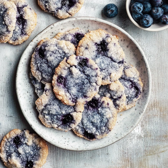 A plate of cookies with blueberries on top.