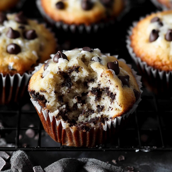 A cupcake with chocolate chips and white frosting.