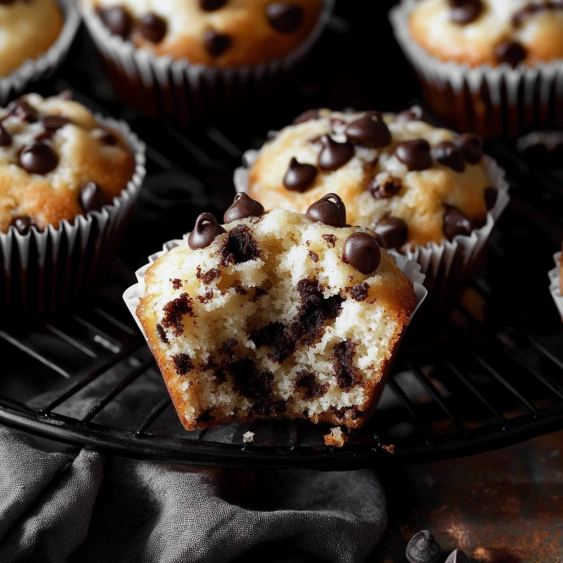 A cupcake with chocolate chips.