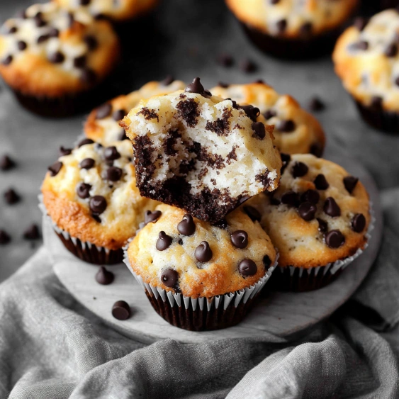 A cupcake with chocolate chips and white frosting.