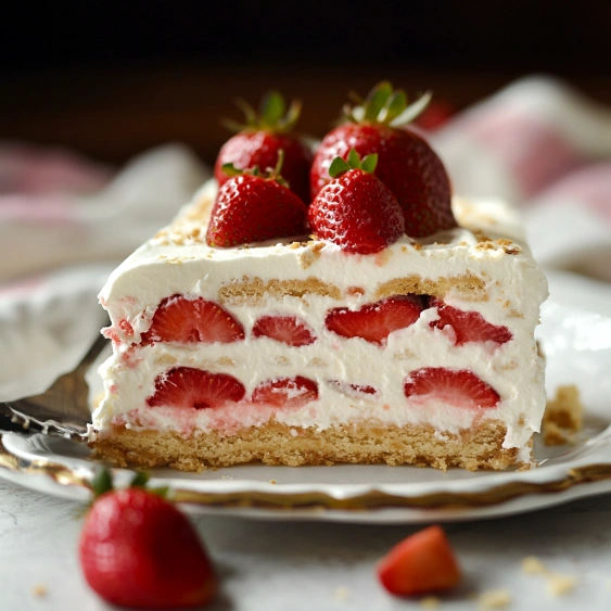 A slice of cake with strawberries on top.