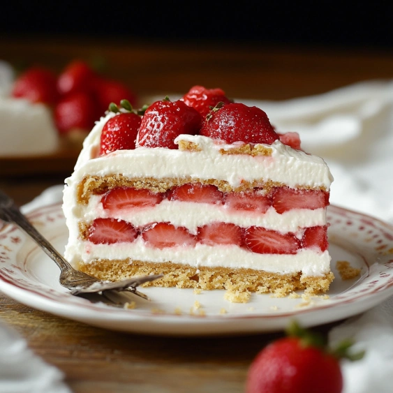 A slice of strawberry cake on a plate.