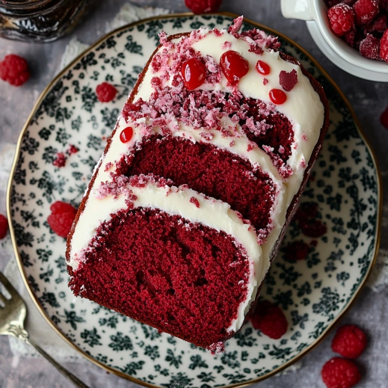 A slice of red velvet cake with white frosting and raspberries.