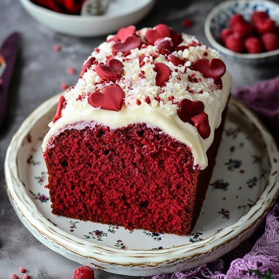A cake with red frosting and hearts on it.