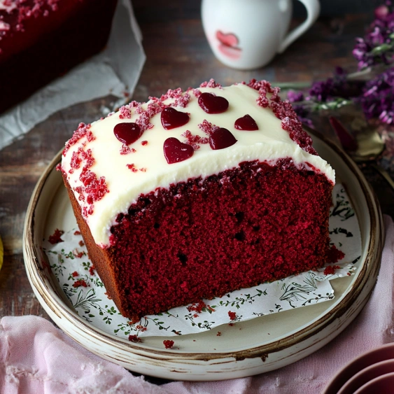 A slice of red velvet cake with white frosting and red hearts.