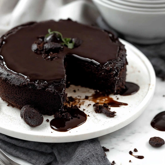 A slice of chocolate cake on a plate.