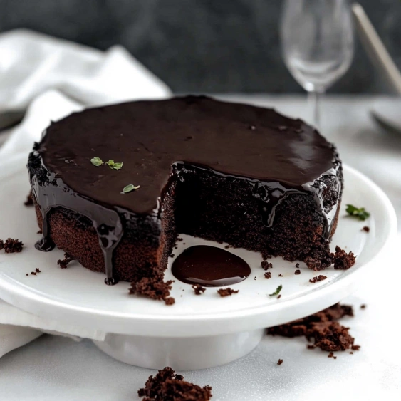 A slice of chocolate cake on a plate.