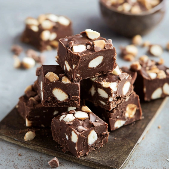 A stack of chocolate squares with almonds.