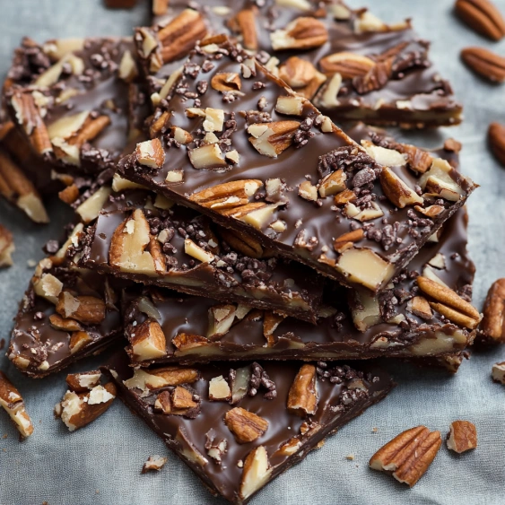 A piece of chocolate cake with nuts on top.