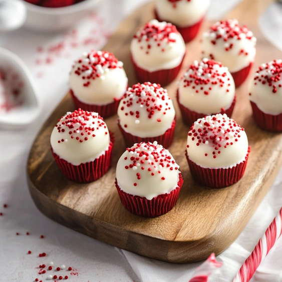 Red cupcakes with white frosting and red sprinkles.