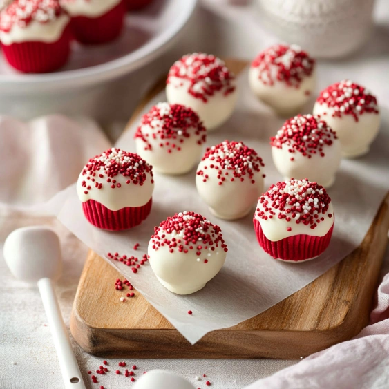 Red cupcakes with white frosting and red sprinkles.