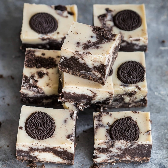 A square of chocolate and white cake with a chocolate square on top.