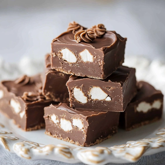 A stack of chocolate desserts with marshmallows on top.