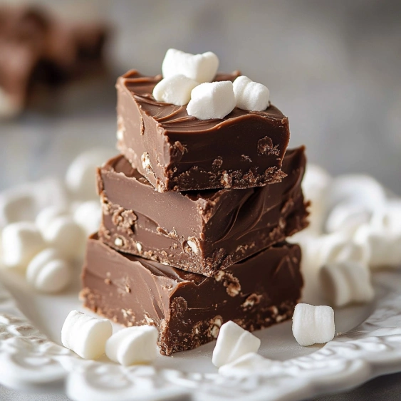 A stack of chocolate cake with marshmallows on top.