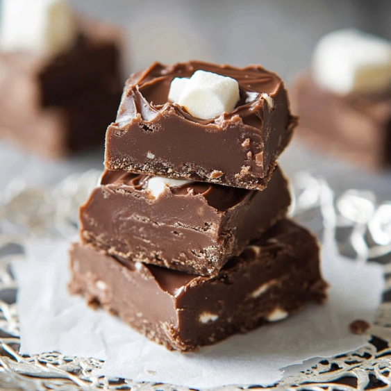 A stack of chocolate cake with marshmallows on top.