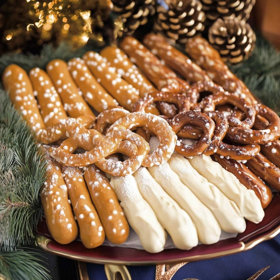 A plate of pretzels with white and brown toppings.