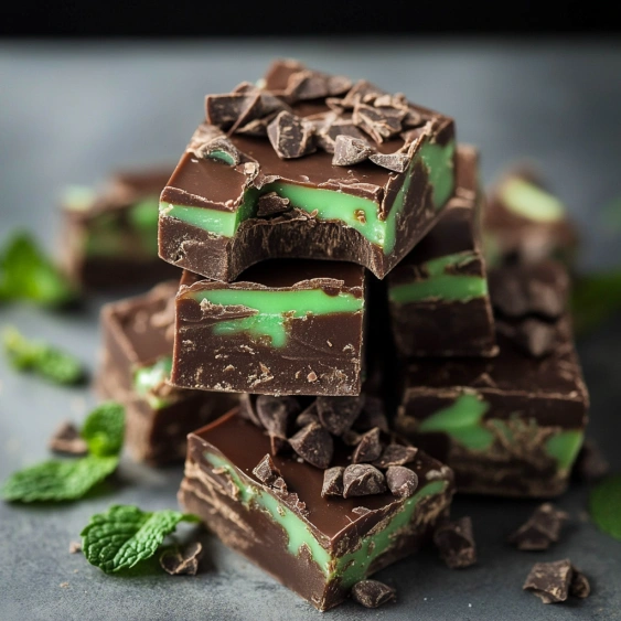 A stack of chocolate and mint squares.