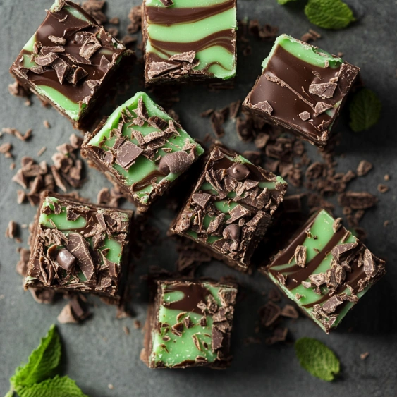 A close up of a chocolate dessert with green and white stripes.