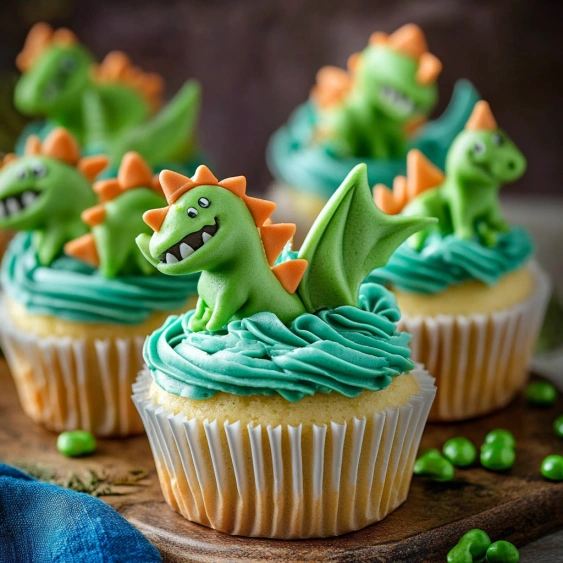 A cupcake with a green dragon on top.